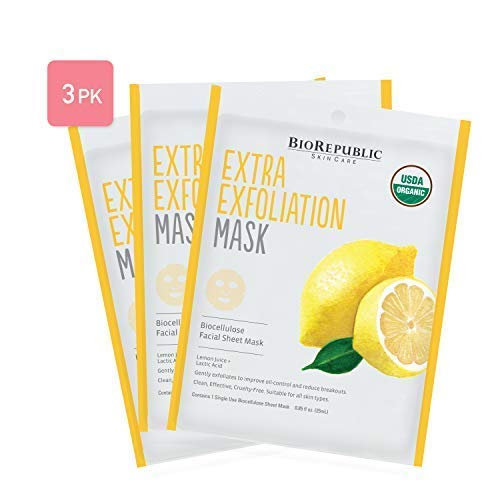 Biorepublic Extra Exfoliation Organic Face Masks | Reduce Blemishes & Acne | Lemon Acid Biocellulose Masks For A Cleansing Facial Experience | Pack Of 3 #TOP5