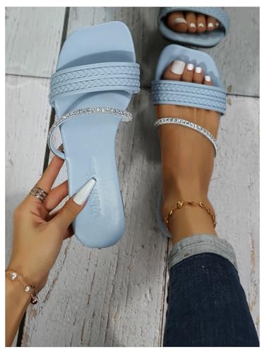 GORGLITTER Women's Glitter Rhinestone Braided Strappy Flats Pu Leather Square Open Toe Slide Sandals2