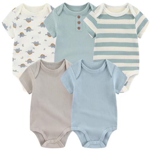 Image of MAMIMAKA Newborn Baby Short Sleeve Bodysuit Cotton One-Piece Baby Clothes 5-Pack, 0-12 Months