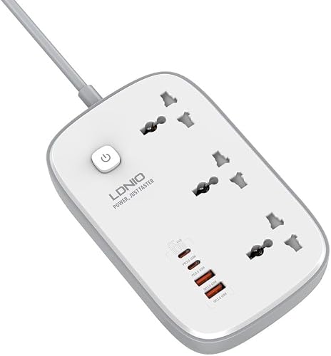 LD-NIO SC6 Power Strip - 3 AC Sockets & 4 USB Fast Charging Ports Multi-socket power strip with USB-C fast charging and surge protection.