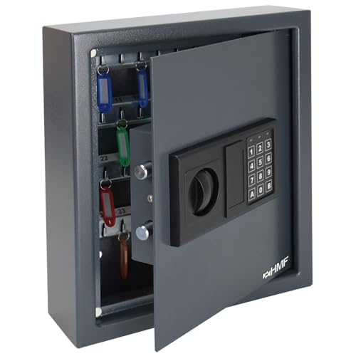 HMF Caja Fuerte para Llaves con Cerradura electrónica, Armario para Llaves de Pared | Oficina y hogar | 48 Ganchos | 36 x 30 x 10 cm | Antracita