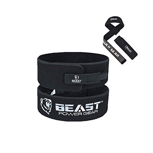 Beastpowergear Weight Lifting Belt with Lever Buckle 4  Wide,10mm Thick |Genuine Leather | Back Support. (Black Black, Large)