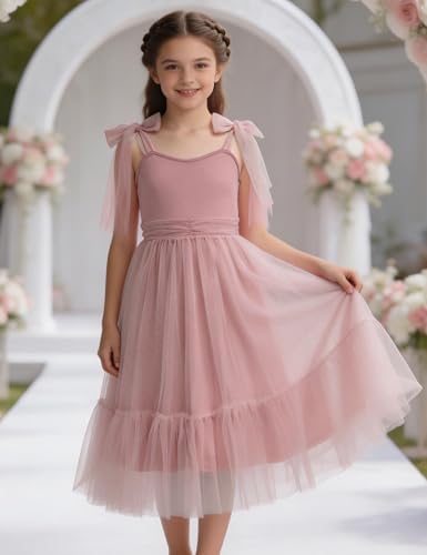 Arshiner Girls Dresses Summer Sleeveless Bow-Tie Straps Birthday Party Long Tulle Dress Pink Kids 7-8 Years