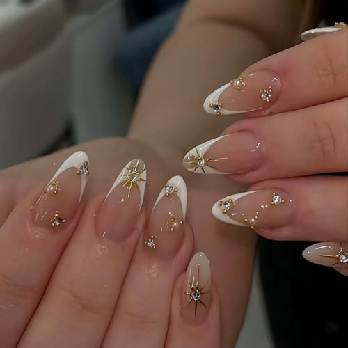 Image of White Press on Nails French Tip Fake Nails with Rhinestone Design Star Nail Press ons Medium Almond Stick on Nail Glossy Full Cover for Women Manicure 24Pcs