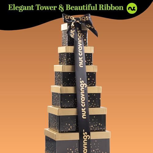 NUT CRAVINGS Gourmet Collection - Christmas Treats Tower Dried Fruit & Nuts Gift Basket with Happy Holiday Ribbon (12 Assortments) Xmas Treats Food Arrangement, Healthy Snack Care Package, Kosher