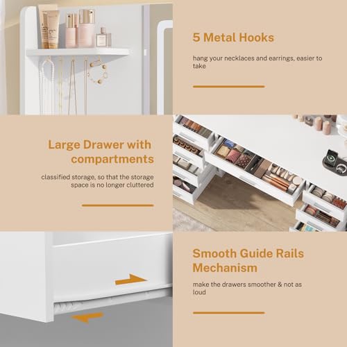 Image of FIONESO Vanity Desk with Mirror and Lights, Makeup Vanity with 9 Drawers & Power Outlet, 5 Hooks & 6 Open Shelves, 3 Lighting Colors & Adjustable Brightness, White Vanity for Girls