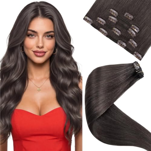 Image of LaaVoo Clip in Hair Extensions Real Human Hair | Cool Brown, Remy Hair Extension for Daily Wear, Easy Apply, Double Weft, 14inch 5pcs 80g