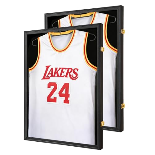 Hactyn Jersey Frame Display Case 2 Pack for Wall Large Lockable T-Shirt Shadow Box with Clear UV Protection Acrylic & Hangers for Football Basketball Baseball Soccer Hockey Matte Black