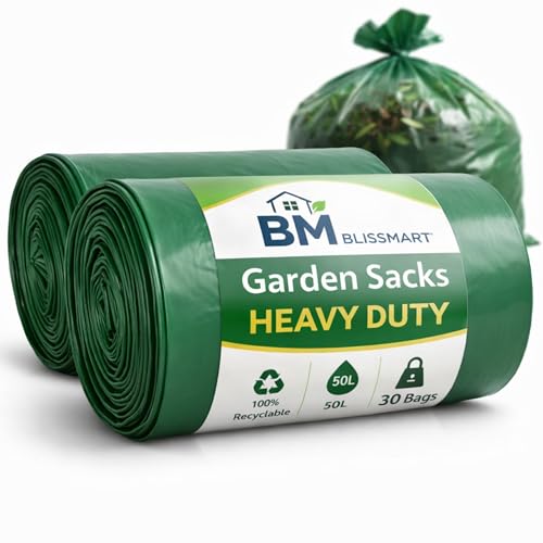 BLISSMART Garden Waste Bags 50L 30 Bags Heavy Duty Garden Waste Bags Extra Strong Leak Resistant Green Bin Bags Recyclable Waste Disposal Bags for Commercial & Household