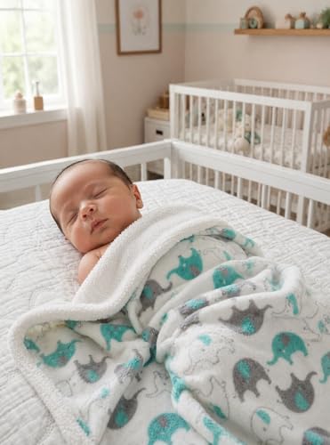 Image of EVERYDAY KIDS Large Ultra Soft Gray and Green Elephant Minky Baby Blanket for Boys and Girls Mink and Sherpa Toddler and Baby Blanket Measures 30 x 40 inch; Trendy Animal Elephant Baby Nursery Decor