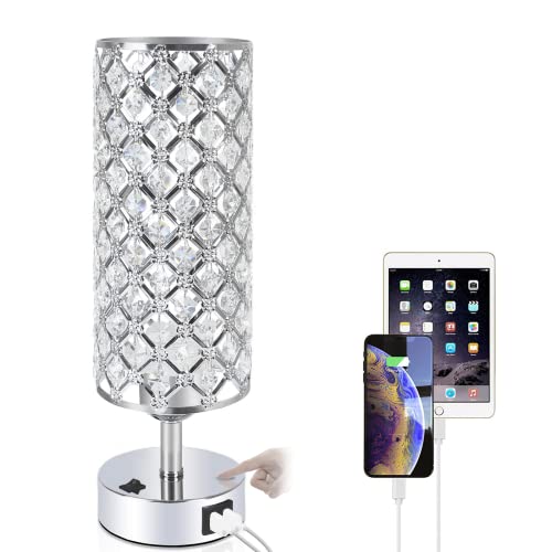 Bedside Lamp with USB Charging Port - Table Lamp for Bedroom Touch Control Lamps 3 Way Dimmable Nightstand Lamp Crystal Touch Table Lamp with Button Switch,Used in Living Room,Girls Lamps for Bedroom