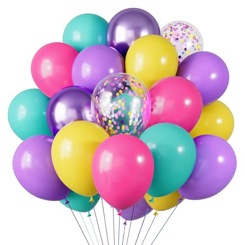Image of RUBFAC Pink and Purple Balloon Bithday Balloons, 65pcs 12 Inches Purple Metallic Teal Yellow Confetti Party Balloons for Magic Hunters Theme Birthday Baby Shower Decoration