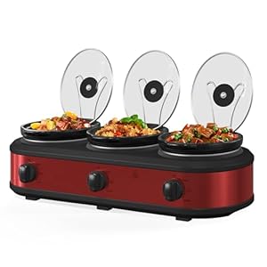 Triple Slow Cooker, 3 x 1.5 QT Portable Small Dual Crock Cooker, Buffet Servers and Warmers Dishwasher Safe, Removable Ceramic Pot Glass Lid, Stainless Steel, Red