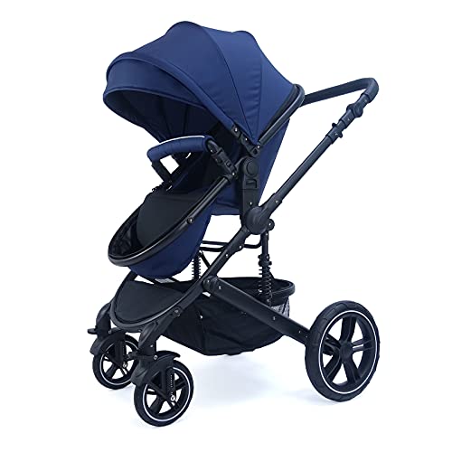 Pixini Neyla Kombi Kinderwagen mit Stoffwanne/Buggy/Wickeltasche/Getränkehalter/Regenplane/Mückennetz/Wickelauflage (3in1 Set mit Babyschale schwarz/marine)