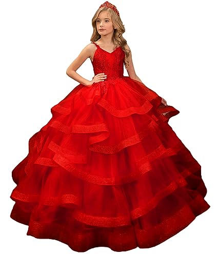 Long Pageant Dresses for Girls Tulle Flower Girl Dress Ruffles Lace Appliques Princess Birthday Party Gowns for Kids