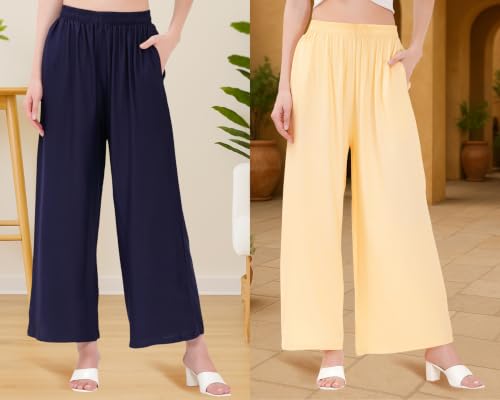 Image of Buy That Trendz Palazzo Pants for Women Rayon Elasticated Regular Fit Flared Wide Leg M to 6XL Pack of 2