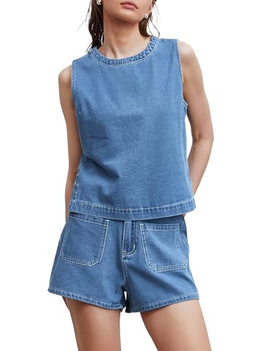 Kedera 2 Piece Denim Jean Outfit Women Sleeveless Boxy Tank