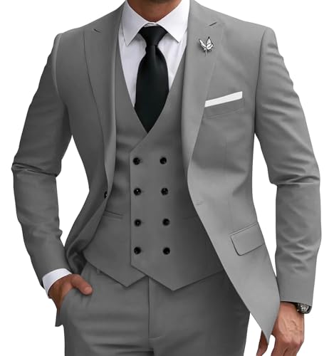 Wangyue Men's Suit 3 Piece Slim Fit Suit Double Breasted Vest Suit for Wedding Prom Party Dinner