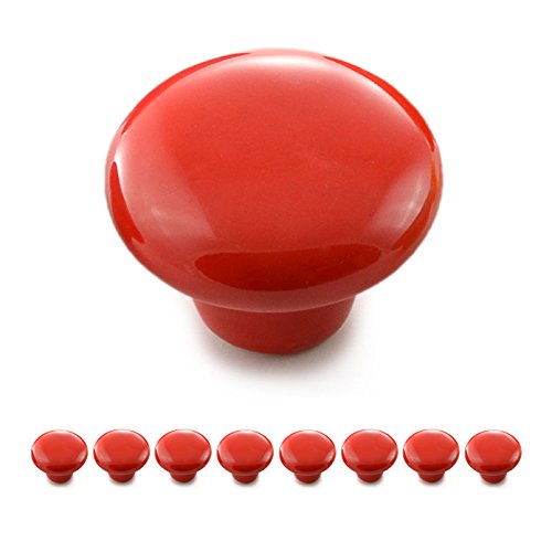 Ganzoo boutons ronds en porcelaine et ceramique rouge, lot de 8 poignees pour tiroir placard commode, look vintage shabby chic, diametre 32 mm profondeur 23...
