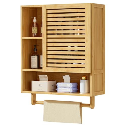 Yorbay Meuble Haut Salle de Bain, Meuble Mural en Bambou avec Porte-Serviettes et Compartiment Ouvert, Armoire Pharmacie à Une Porte pour Salle de Bain et...