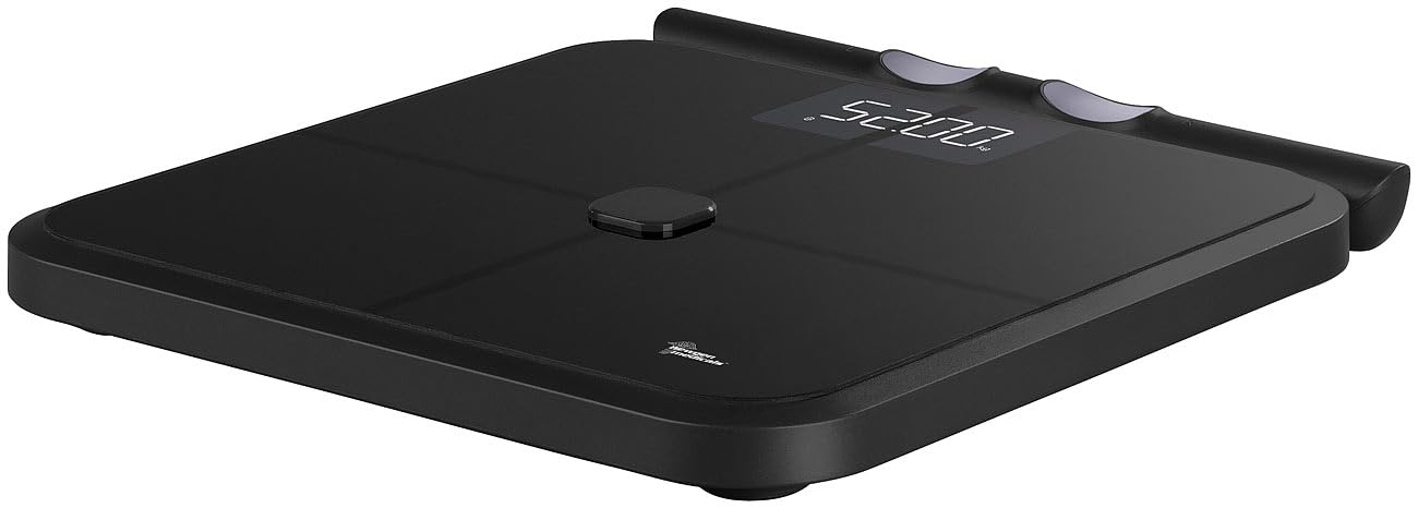 Bilancia pesapersone digitale Bluetooth con sensori manuali, 8 elettrodi, nera