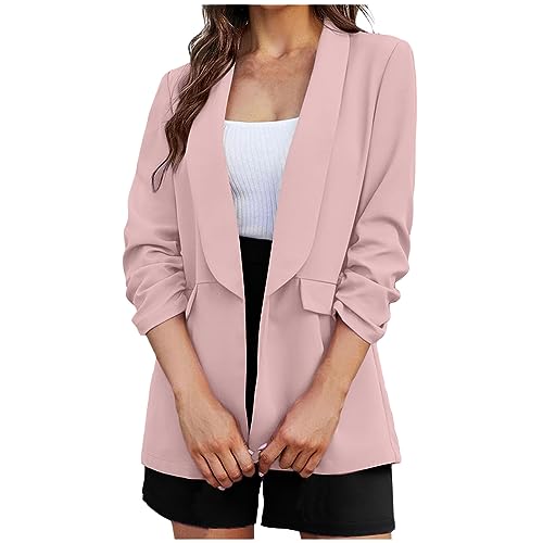 Women's Blazer Jacket 3/4 Stretchy Ruched Sleeve Open Front Cardigan Lightweight Work Office Business Formal Jacket2