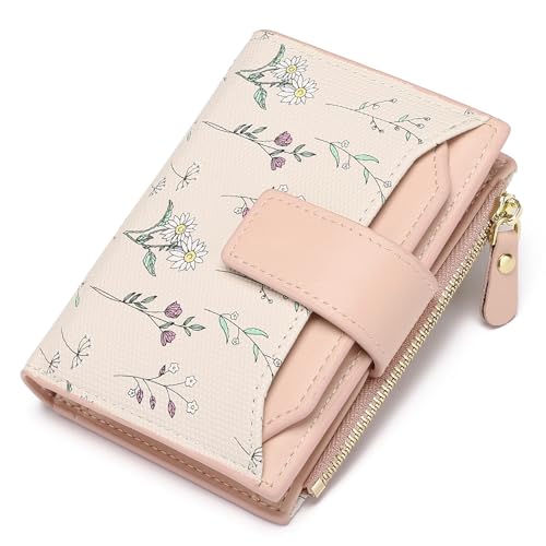 Image of GAEKEAO Small Wallets Woman RFID Blocking Vegan Leather Bifold Floral Ladies Compact Card Holder with Zipper Pocket ID Window