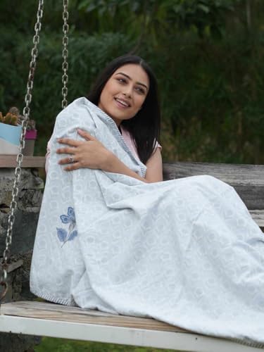 Image of Florazul Queen Bed Size A /c Comforter | Muslin Dohar - 100% Cotton | 200TC | 3-Layer Lightweight Reversible Blanket | Hand Block Floral Print | Soft, Breathable, Quilt for Home & Bedroom (Blue)