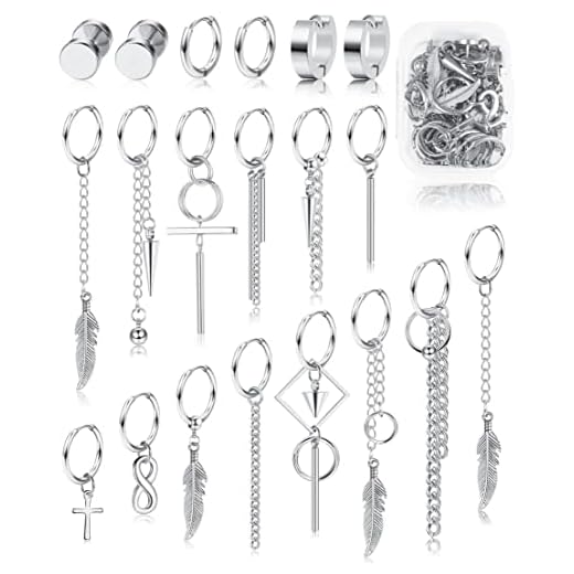 DOLOTTA 20 Pieces Mens Earrings Stainless Steel Hinged Hoop Earrings Cross Dangle Earrings Stud for Men Women Long Chain Kpop Earrings Set Silver Tone