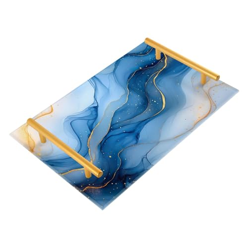 GUIJI Light Blue Marble Acrylic Tray, Perfume Cosmetic Jewelry Decorative Trays Bathtub Organizer, Living Room Kitchen Serving Tray with Gold Handles
