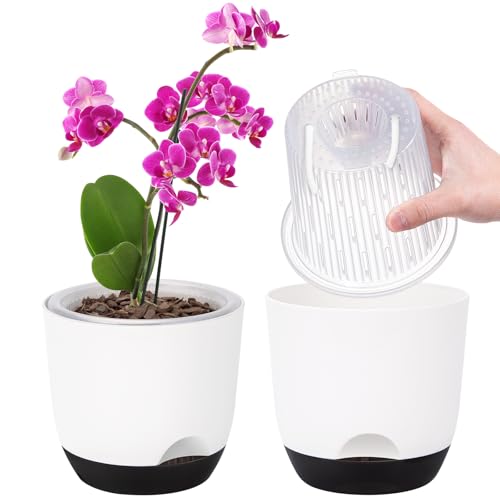 2er-Set Orchideentopf 14 7 cm Doppelschicht-Design Transparenter Selbstbewässerungstopf mit Übertopf Orchideen-Bewässerungssystem Blumentopf für Orchideen(Weiß)