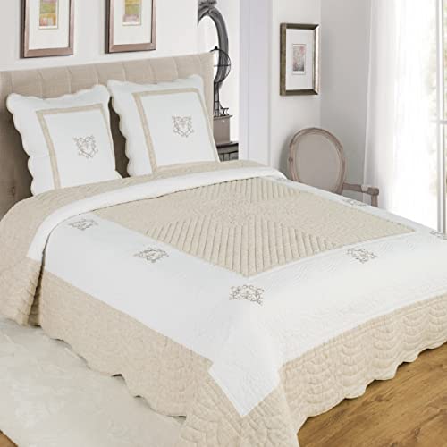 Alpes Blanc Couvre-lit Brodé Peaceland/Dessus de lit 100% Coton/Boutis Grandes Tailles/Jeté de lit Bicolore (Lin/Beige, 260x260)
