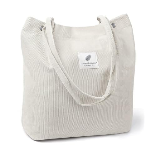 Image of PALAY Tote Handbags for Women Girls Stylish Large Capacity Canvas Corduroy Shoulder Bag With Inner Pocket Grocery Bag Tote Bags for Office, College School Work Shopping Travel Daily Use - White