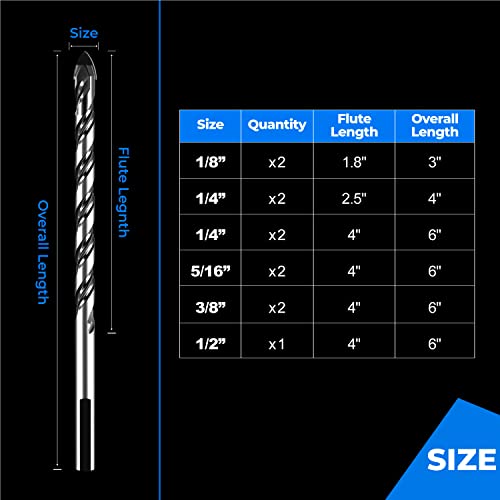 Masonry Drill Bits Set (11Pcs),Concrete Drill Bit Set For Glass,Tile, Brick, Cement, Concrete, Plastic, Cinder Block, Wood Etc With Industrial Strength Carbide Tip,1/8"-1/2" By Amoolo #TOP1