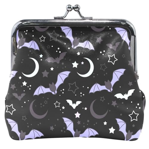 Monedero de cuero de dibujos animados para mujer con lindo bloqueo de beso, murciélago, estrellas, monedero negro, Bastante murciélago estrellas negras, Clásico, Bastantes murciélagos estrellas negras