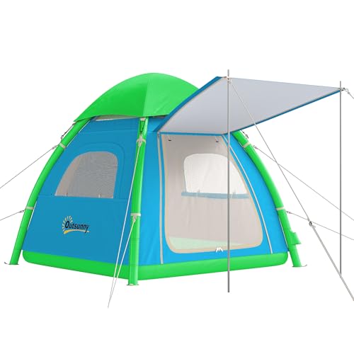 Outsunny Tienda de campaña inflable para 3 personas, montaje rápido, tienda de campaña al aire libre con bomba de aire, ventana de malla extraíble, techo fluorescente, estacas de altura de pie, toldo