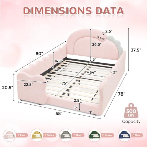 Image of Full Size Kids Bed with Dinosaur Headboard, Upholstered Boucle Fabric Twin Daybed with Slats Support & Side Pocket, Space-Saving Wooden Corner Sofa Couch Day Bed Frame for Girl, Boy, Teenager(Pink)