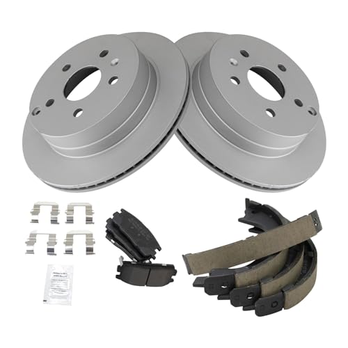 Image of TRQ Rear Brake Pad and Rotor Set Semi Metallic G Coated Rotors Parking Shoe Compatible with 2010-2017 Chevrolet Equinox GMC Terrain