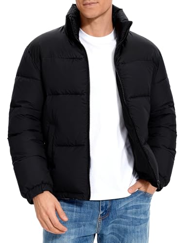 Image of PEHMEA Men's Puffer Jacket Stand Collar Zipper Coat with Pockets Retro Bubble Outwear for Winter
