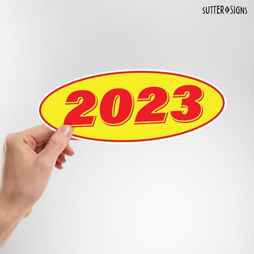 Image of 2023 Car Model Year Windshield Stickers | 14 inch x 5.5 inch Oval Stickers for Car Dealerships, Vehicle Windshields (Pack of 12)