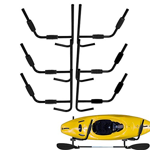 TCMT Heavy Duty Steel Kayak Ladder Wall Mount Folding Storage Rack Fit Indoor Outdoor Storage Kayak Surfboard Sailing (Black, 3 Sets)