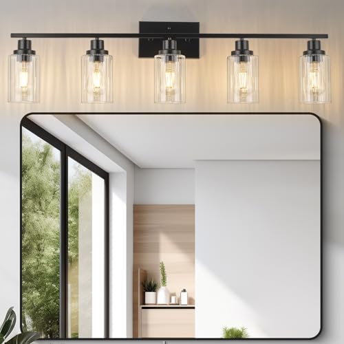 Image of Jonsi Black 5-Light Bathroom Vanity Light with Glass Shade, Modern Black Bathroom Lights Over Mirror, W 40.2 x H 10.7 inches
