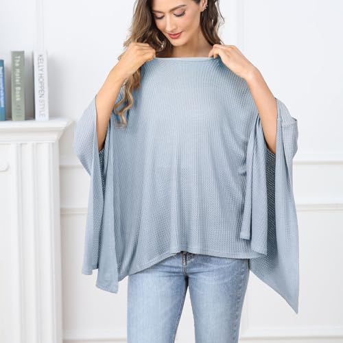 Knit Nursing Cover for Baby Breastfeeding, Organic Cotton Breastfeeding Cover, Warm Cozy Swaddle, Breathable and Soft, Wide Neck with Stretch for Easy View (Light Blue) - Thumbnail 6