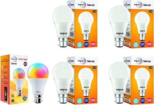 Image of wipro NS9400 9-Watt B22 WiFi Smart LED Bulb & Garnet Base B22 10-Watt LED Bulb (Pack of 4, White)