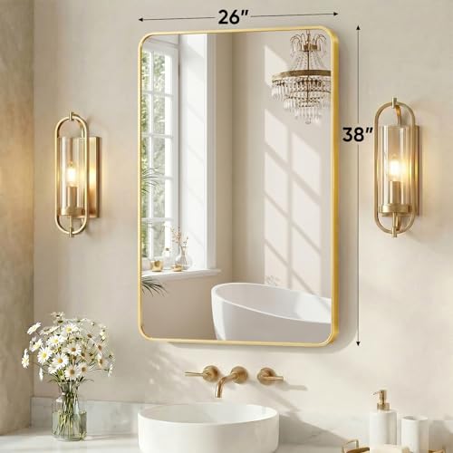Image of Sweetcrispy Bathroom Mirror for Over Sink, 26x38 Inch Wall Mount Mirror with a Rounded Rectangle and Matte Metal Frame, Modern Wall Vanity Mirrors for Home Decor, Living Room, Bedroom, Gold