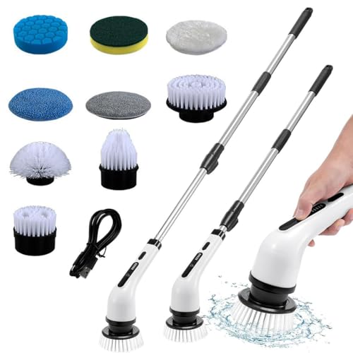Fregadora Giratoria Eléctrica, Cepillo de Limpieza Eléctrico con 9 Cabezales de Cepillo Reemplazables, 2 Velocidades Ajustables, Fregadora Eléctrica con Brazo de Extensión Ajustable, para Baño