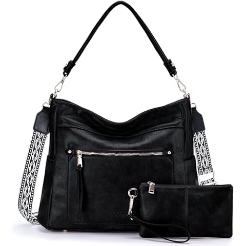 Kasqo Hobo Bags for Women,Medium Vegan Leather Handbag with Wallet Pouch Guitar Strap Crossbody Tote Purse Shoulder Bag Black Cover
