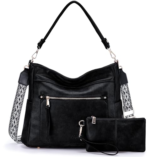 Kasqo Hobo Bags for Women,Medium Vegan Leather Handbag with Wallet Pouch Guitar Strap Crossbody Tote Purse Shoulder Bag Black