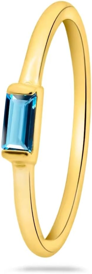 Emerald Cut Created London Blue Topaz Wedding Engagement Ring For Women, 925 Sterling Silver 14K Gold Finish Stackable Minimalist Band Ring