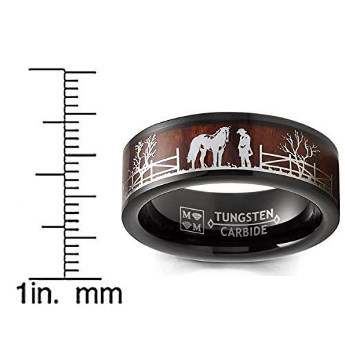 Black Tungsten Horse Equestrian Ring Wedding Band Wood Rancher Cowboy Brown 8MM2